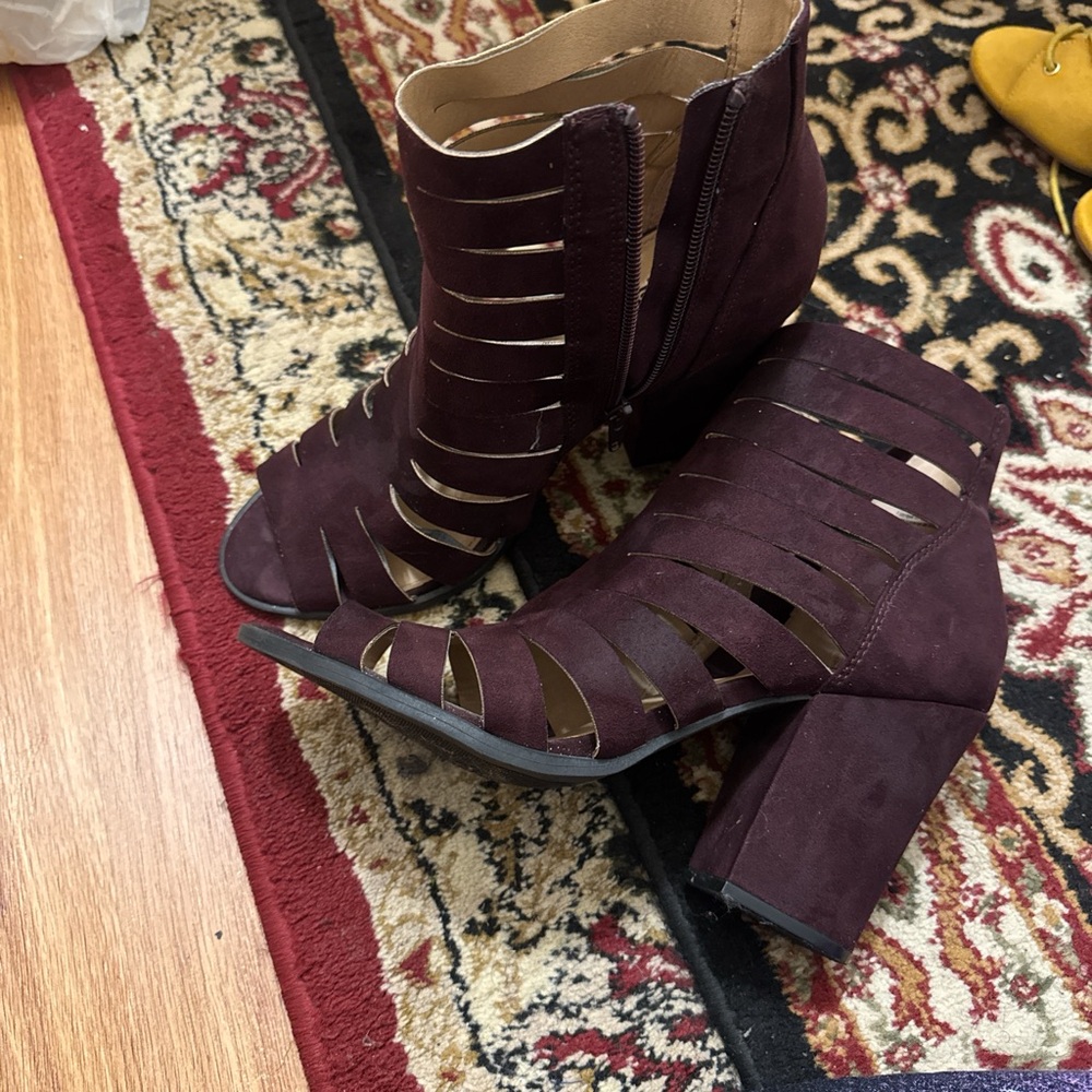 Purple Heeled Boots with Cage Design and Mid-Calf Height